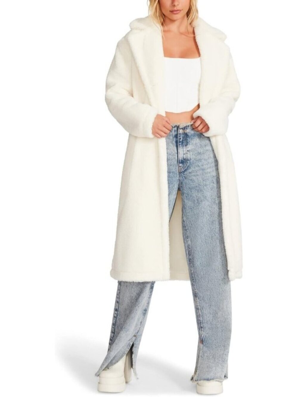 Women Pristine Ivory Polyester Knee Length Classic Button Closure Saide Coat